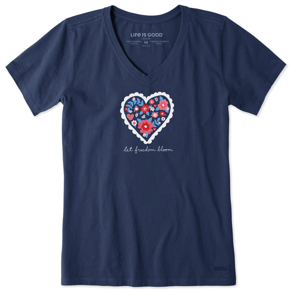 Women's American Floral Heart Short Sleeve Crusher Vee product image 1